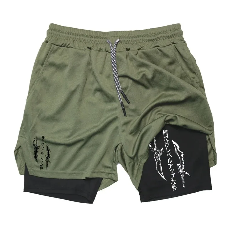 Solo Leveling Print 2in1 Running Workout Shorts for Men Gym Performance Compression Shorts with Phone Loop Athletic Activewear