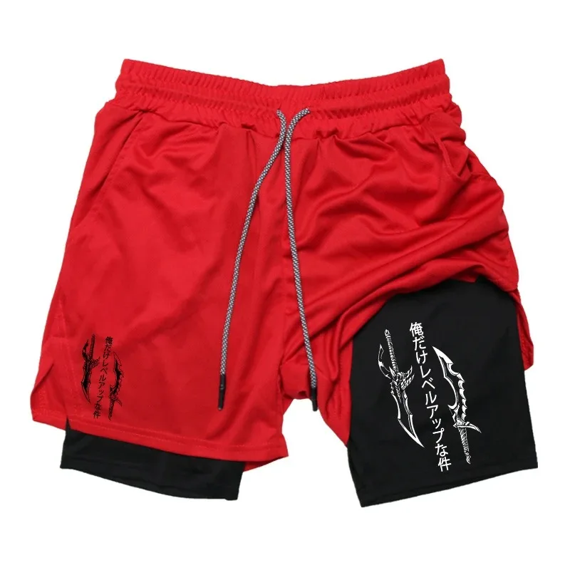 Solo Leveling Print 2in1 Running Workout Shorts for Men Gym Performance Compression Shorts with Phone Loop Athletic Activewear