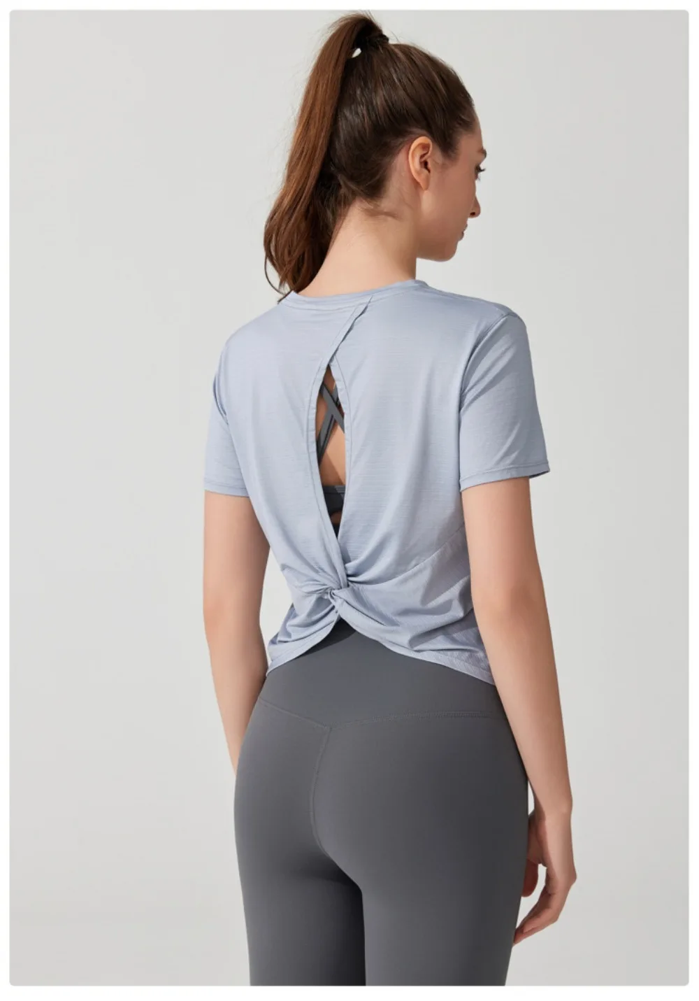 Women's Short Sleeve Yoga Top with Knot Back - Breathable Casual Athletic Wear for Gym, Fitness, Summer Workouts
