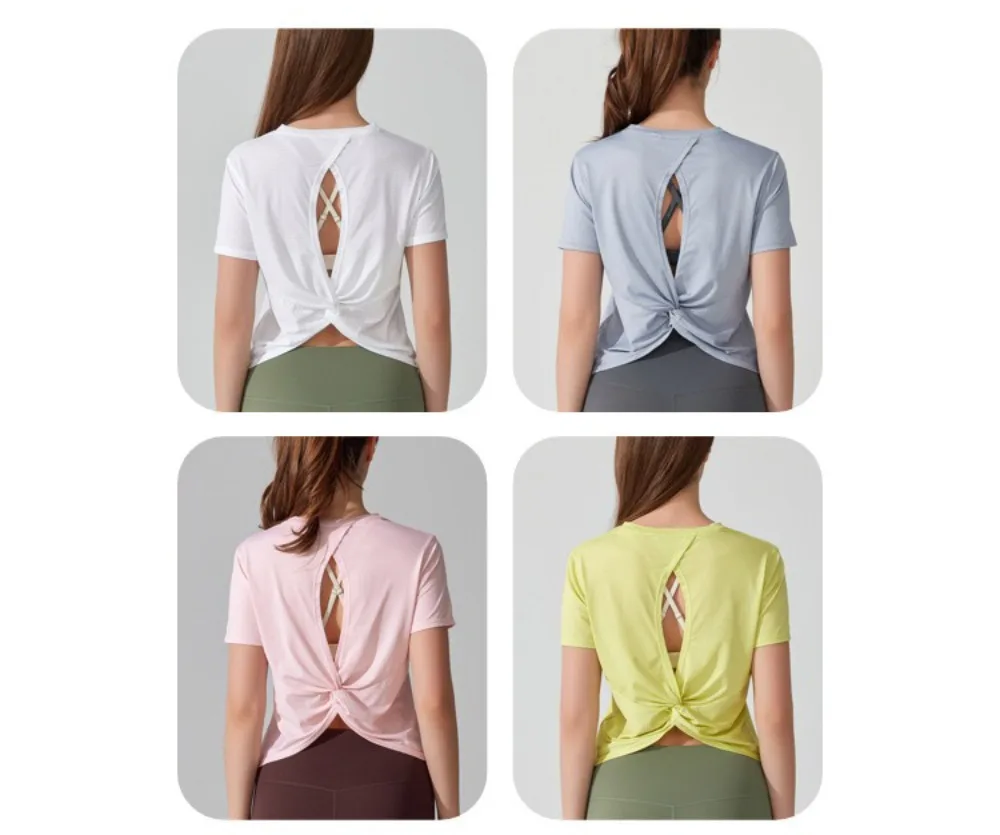 Women's Short Sleeve Yoga Top with Knot Back - Breathable Casual Athletic Wear for Gym, Fitness, Summer Workouts