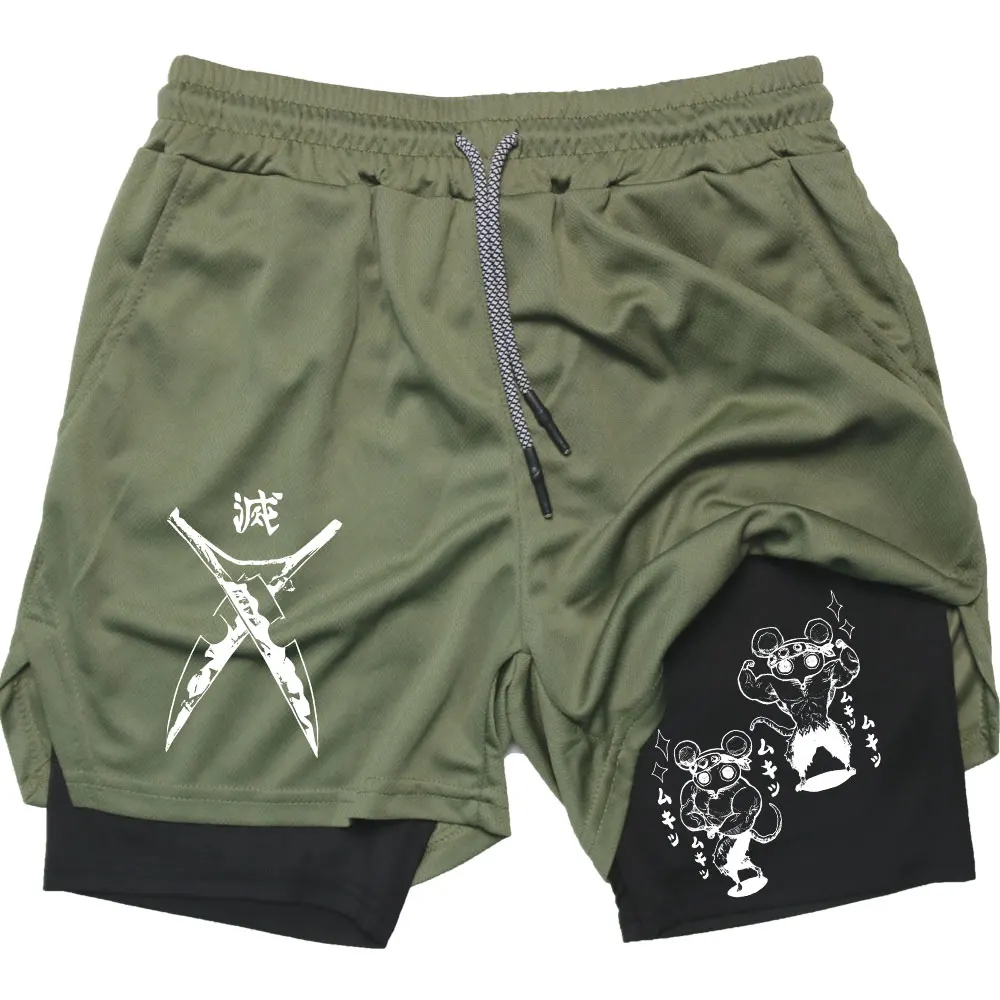 Men's Compression Shorts Anime Demon Slayer Print Beach Shorts Gym Fitness Running Quick Dry Short Pants Summer Print Sportswear