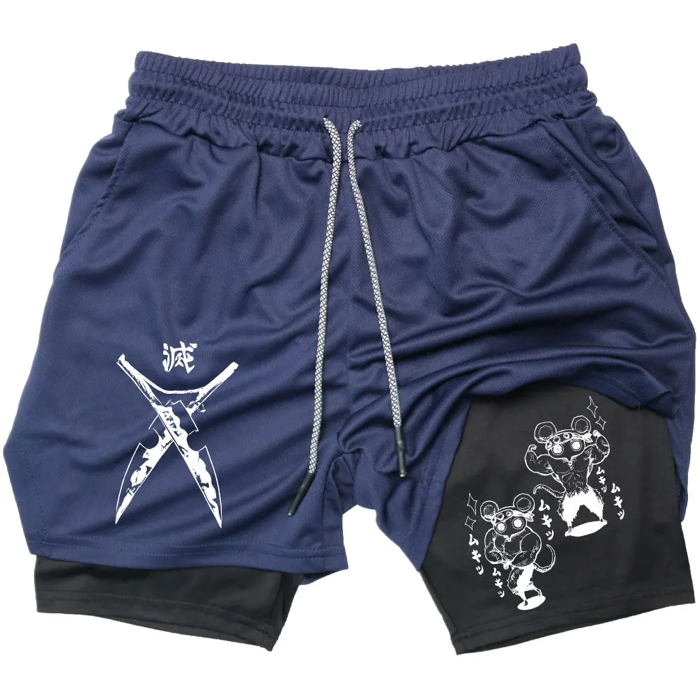 Men's Compression Shorts Anime Demon Slayer Print Beach Shorts Gym Fitness Running Quick Dry Short Pants Summer Print Sportswear