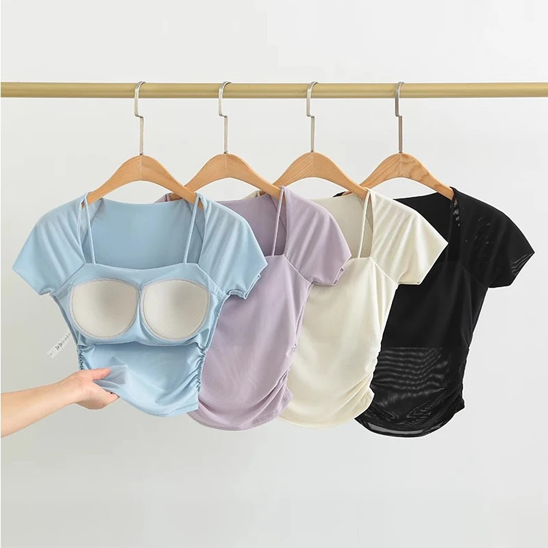 Women's Padded Yoga Shirts Short Sleeve Sports Crop Top Fitness Workout T-Shirt Sexy Cropped Running Tights Gym Clothing