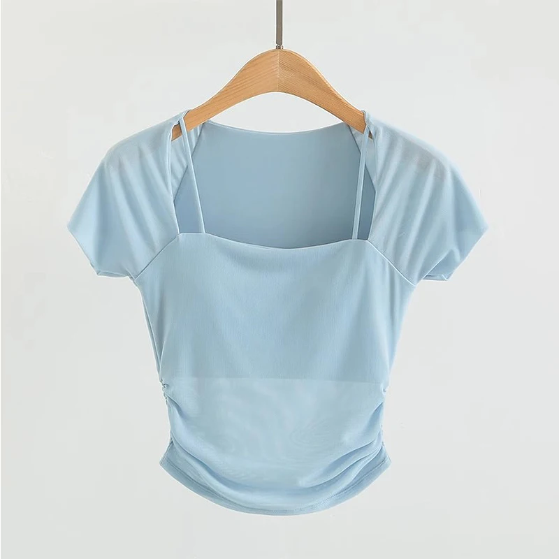 Women's Padded Yoga Shirts Short Sleeve Sports Crop Top Fitness Workout T-Shirt Sexy Cropped Running Tights Gym Clothing