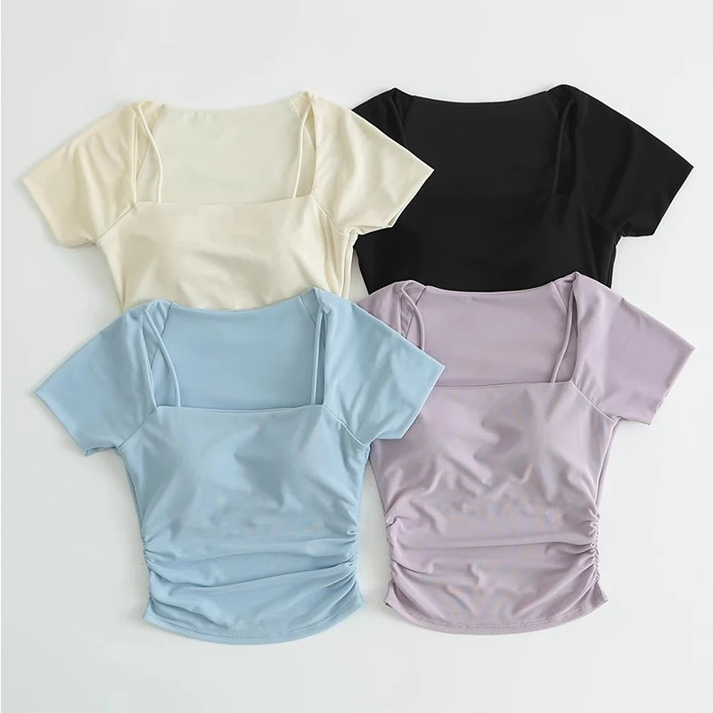 Women's Padded Yoga Shirts Short Sleeve Sports Crop Top Fitness Workout T-Shirt Sexy Cropped Running Tights Gym Clothing