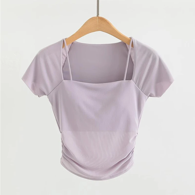 Women's Padded Yoga Shirts Short Sleeve Sports Crop Top Fitness Workout T-Shirt Sexy Cropped Running Tights Gym Clothing