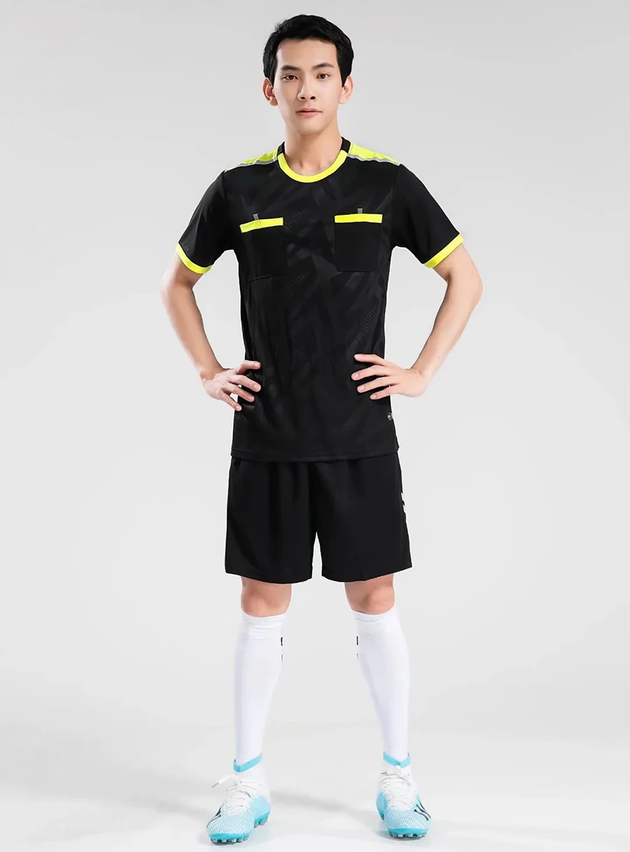 Professional Men Referee Uniforms Soccer Football Jerseys Shirts Pockets Judge Short Sleeve Team Shirt Sportswear Clothes