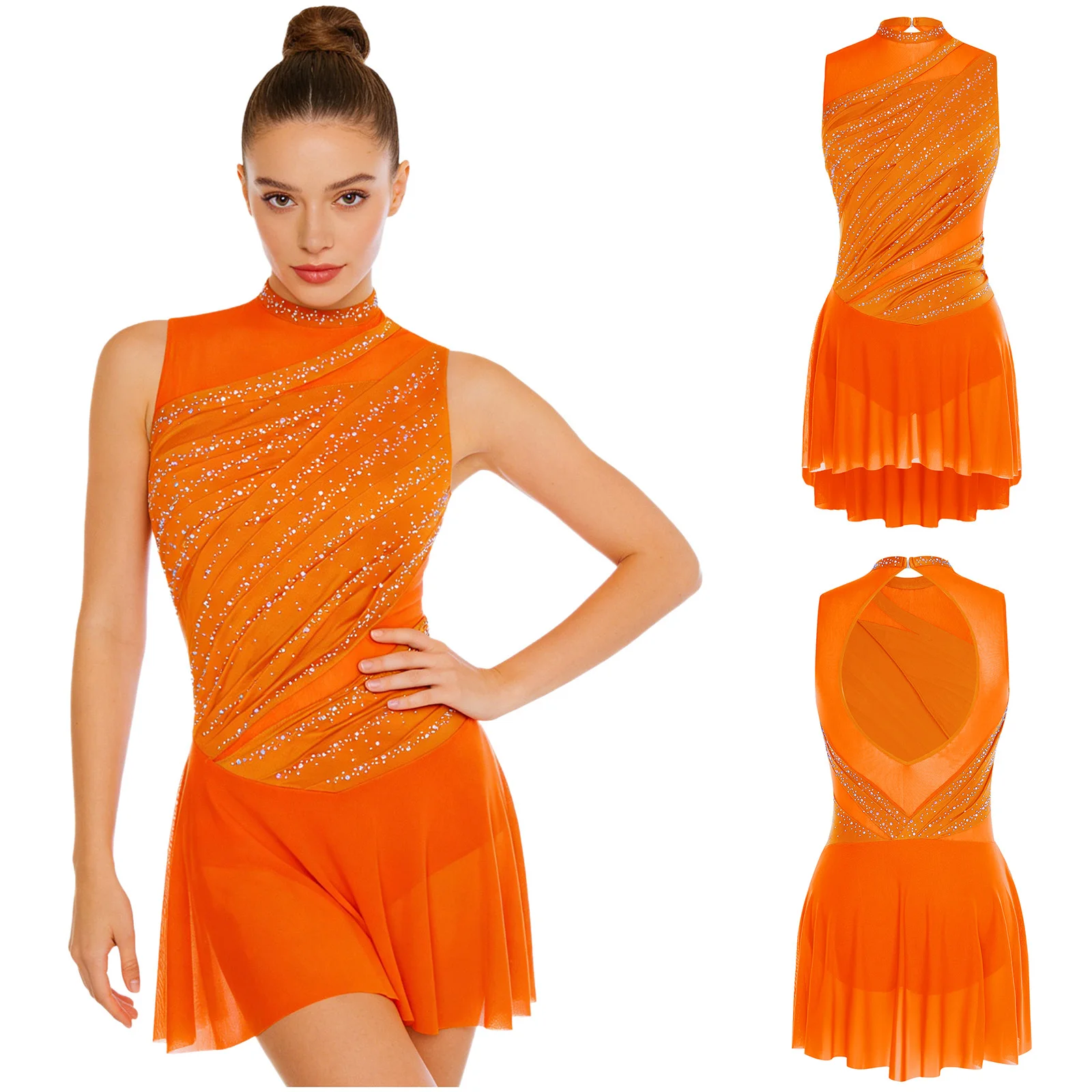 Women Figure Skating Dress Modern Lyrical Dance Gymnastics Acrobatics Clothes Sleeveless Shiny Rhinestones Mesh Leotard Tutu