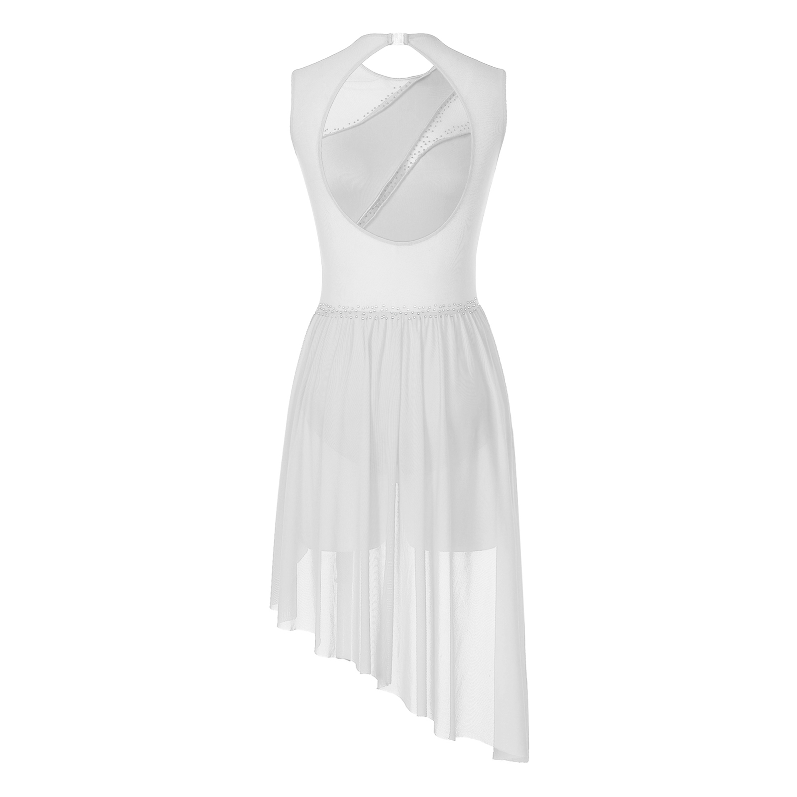 Women Figure Skating Dress Modern Lyrical Dance Gymnastics Acrobatics Clothes Sleeveless Shiny Rhinestones Mesh Leotard Tutu