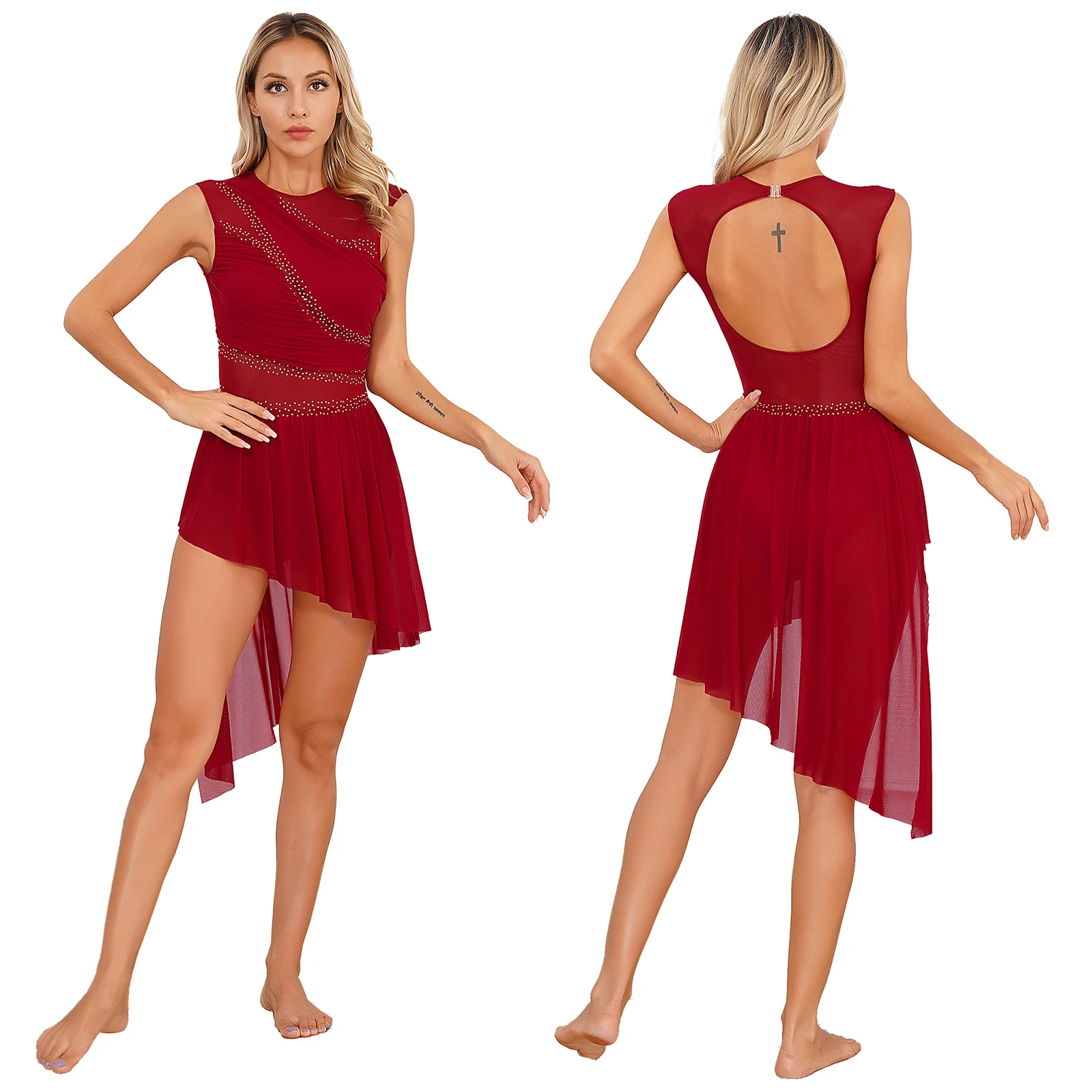Women Figure Skating Dress Modern Lyrical Dance Gymnastics Acrobatics Clothes Sleeveless Shiny Rhinestones Mesh Leotard Tutu