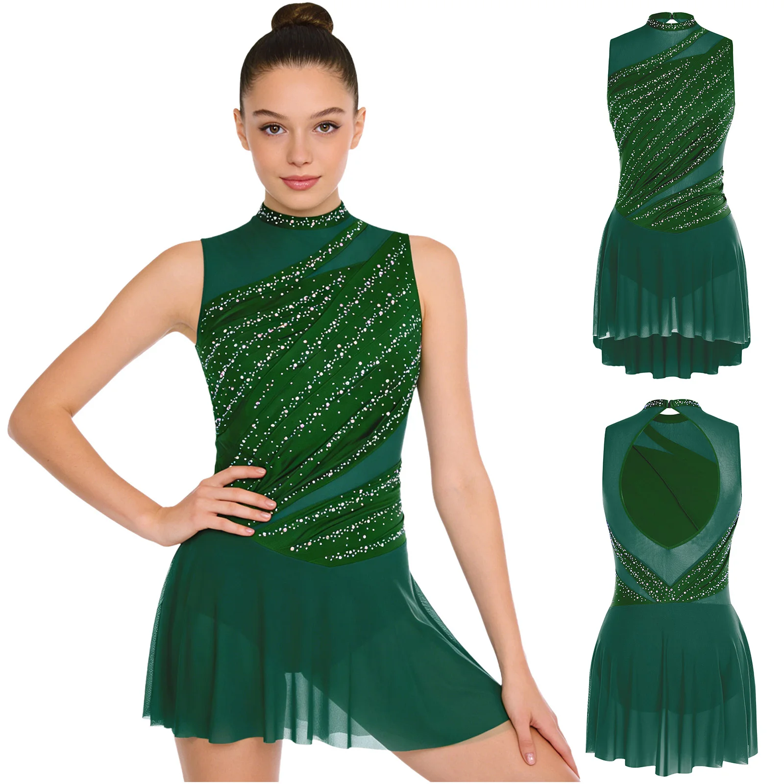 Women Figure Skating Dress Modern Lyrical Dance Gymnastics Acrobatics Clothes Sleeveless Shiny Rhinestones Mesh Leotard Tutu
