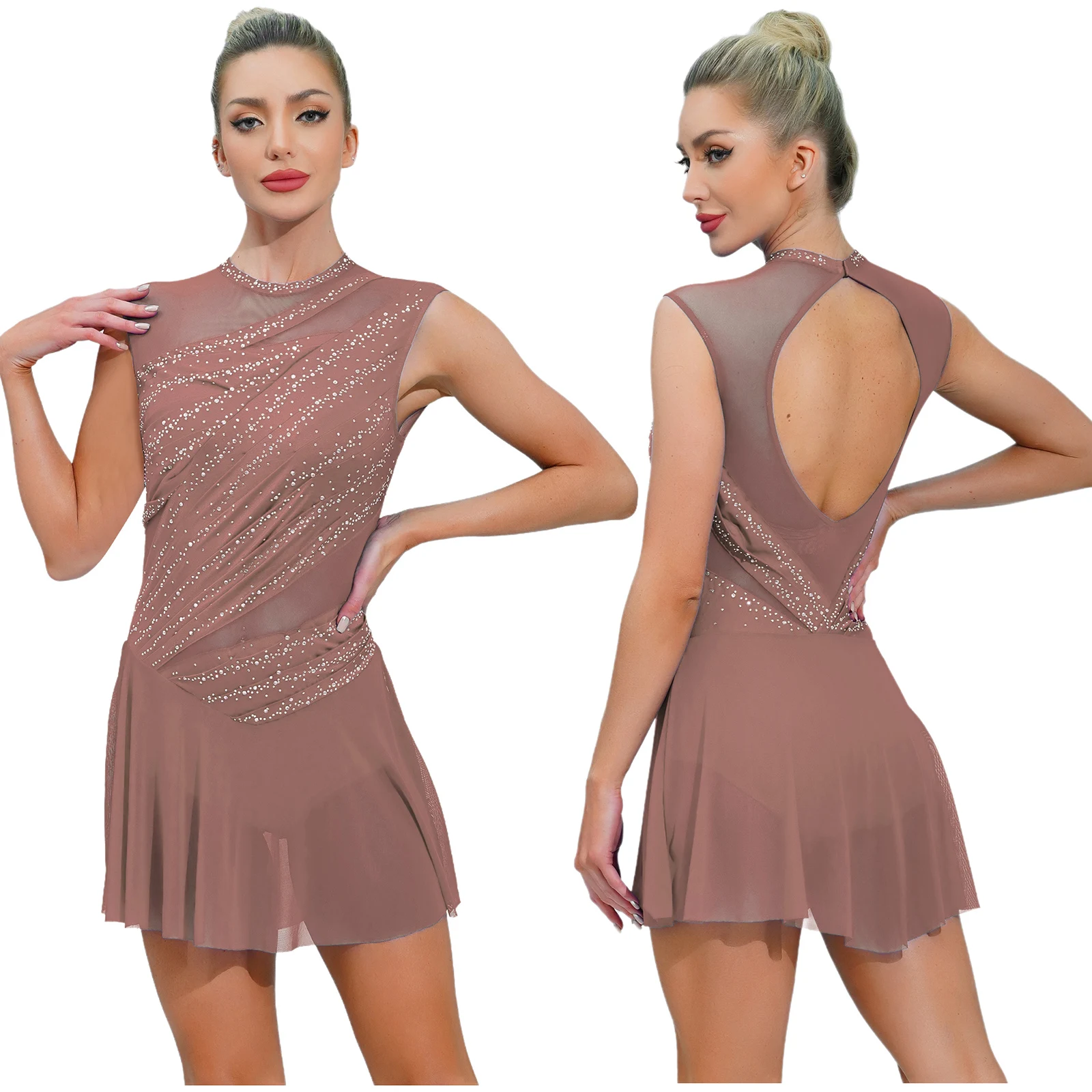 Women Figure Skating Dress Modern Lyrical Dance Gymnastics Acrobatics Clothes Sleeveless Shiny Rhinestones Mesh Leotard Tutu