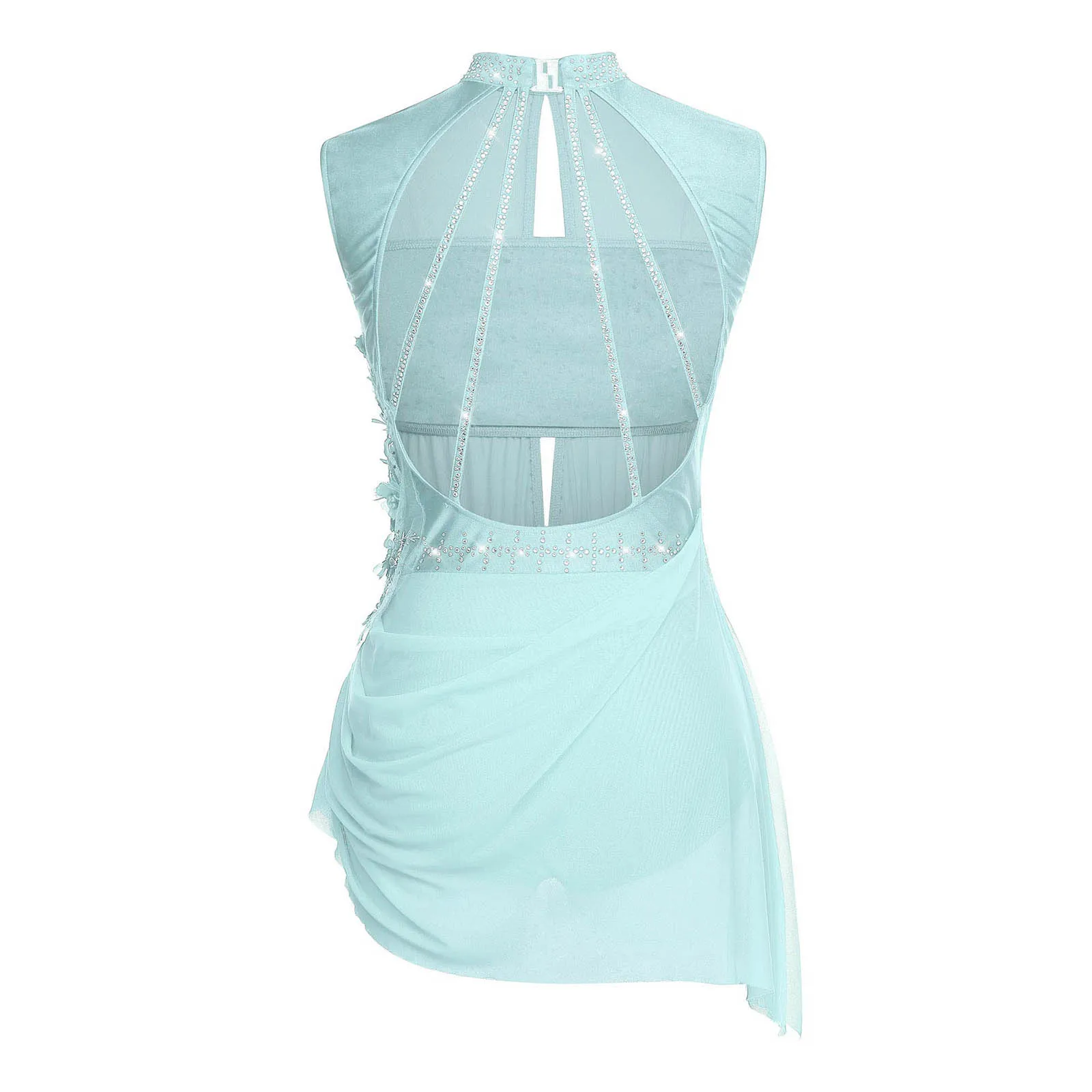 Women Figure Skating Dress Modern Lyrical Dance Gymnastics Acrobatics Clothes Sleeveless Shiny Rhinestones Mesh Leotard Tutu