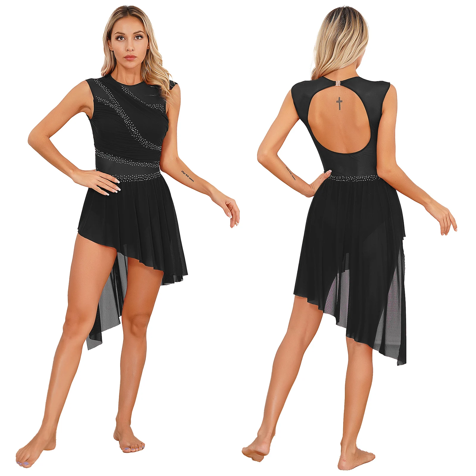 Women Figure Skating Dress Modern Lyrical Dance Gymnastics Acrobatics Clothes Sleeveless Shiny Rhinestones Mesh Leotard Tutu