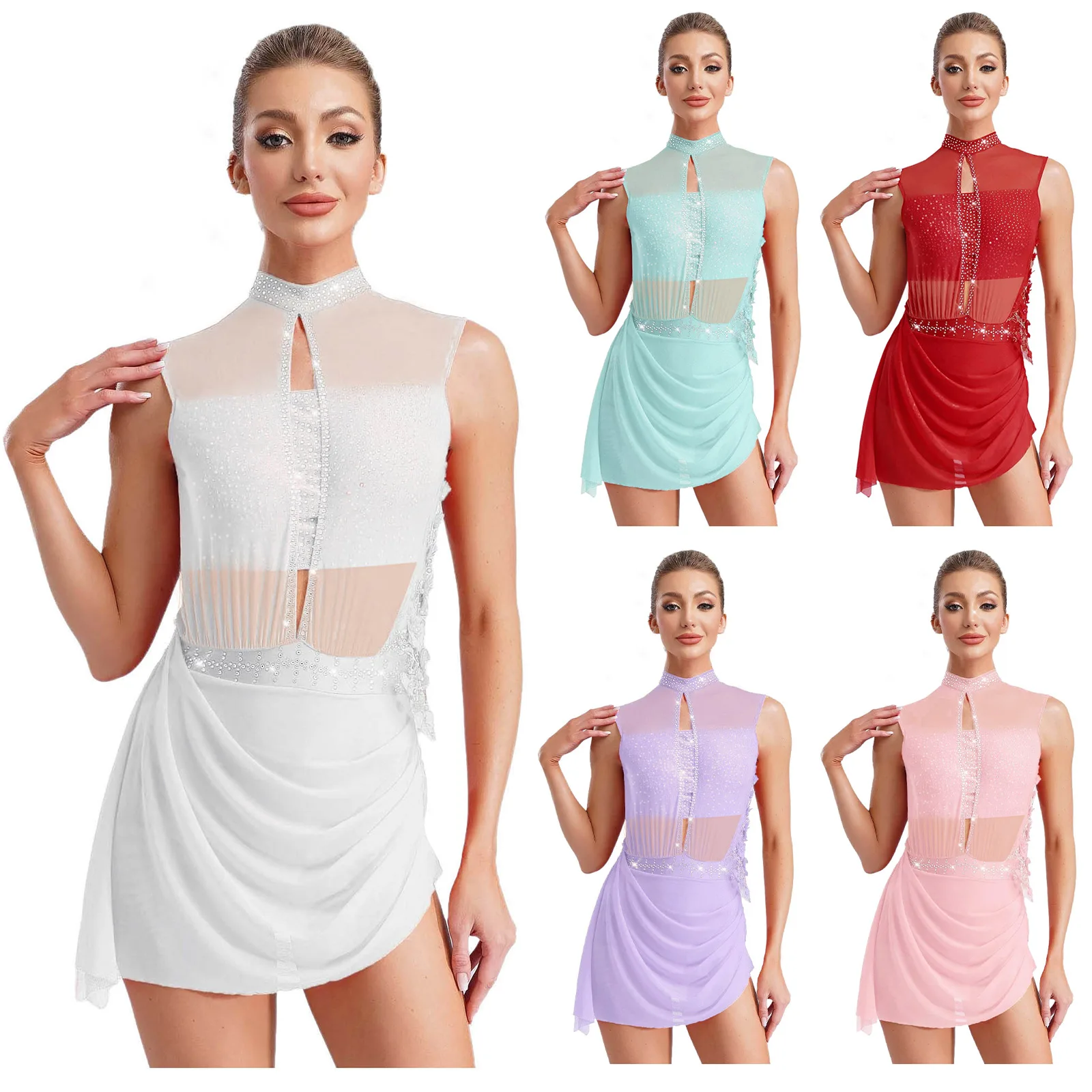 Women Figure Skating Dress Modern Lyrical Dance Gymnastics Acrobatics Clothes Sleeveless Shiny Rhinestones Mesh Leotard Tutu