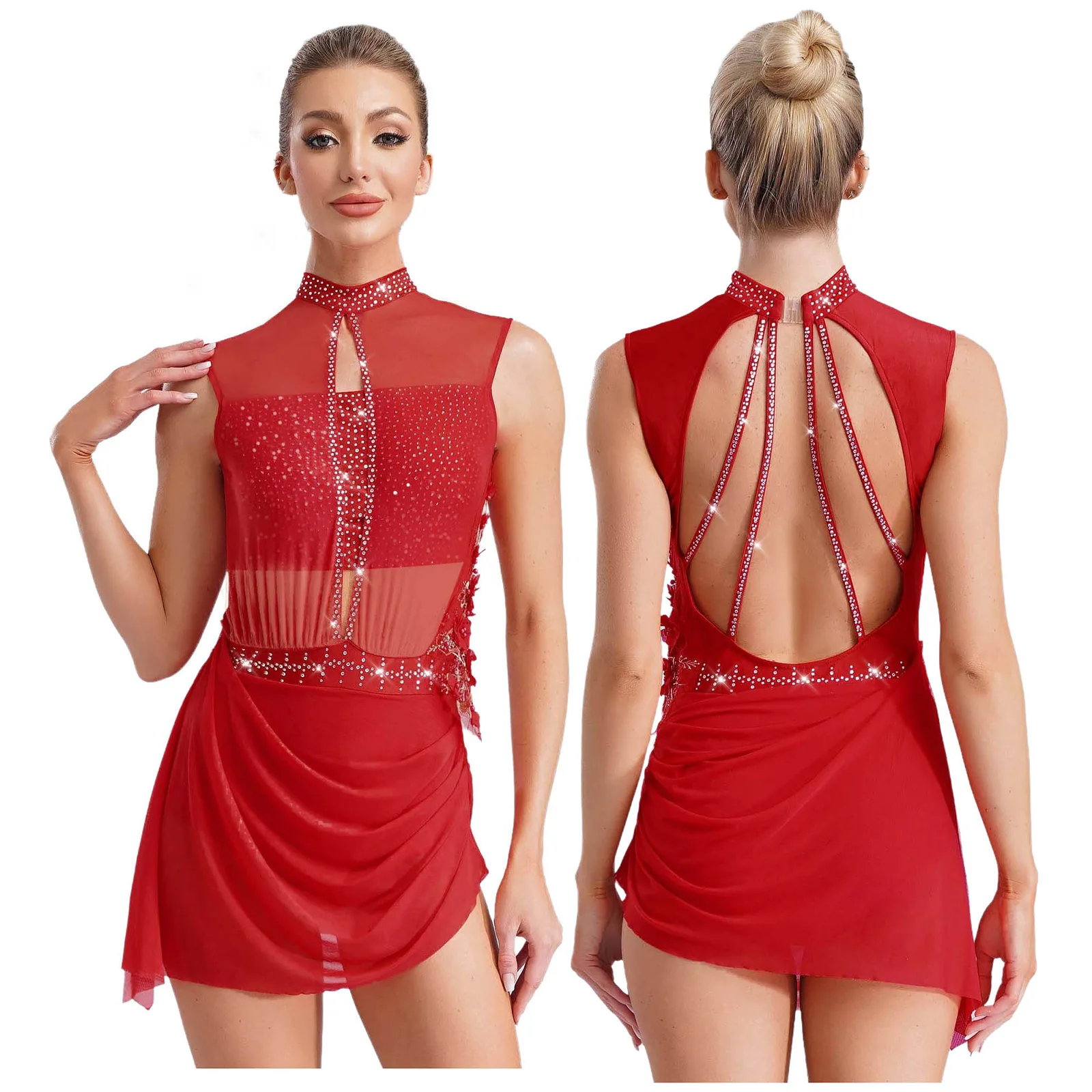 Women Figure Skating Dress Modern Lyrical Dance Gymnastics Acrobatics Clothes Sleeveless Shiny Rhinestones Mesh Leotard Tutu