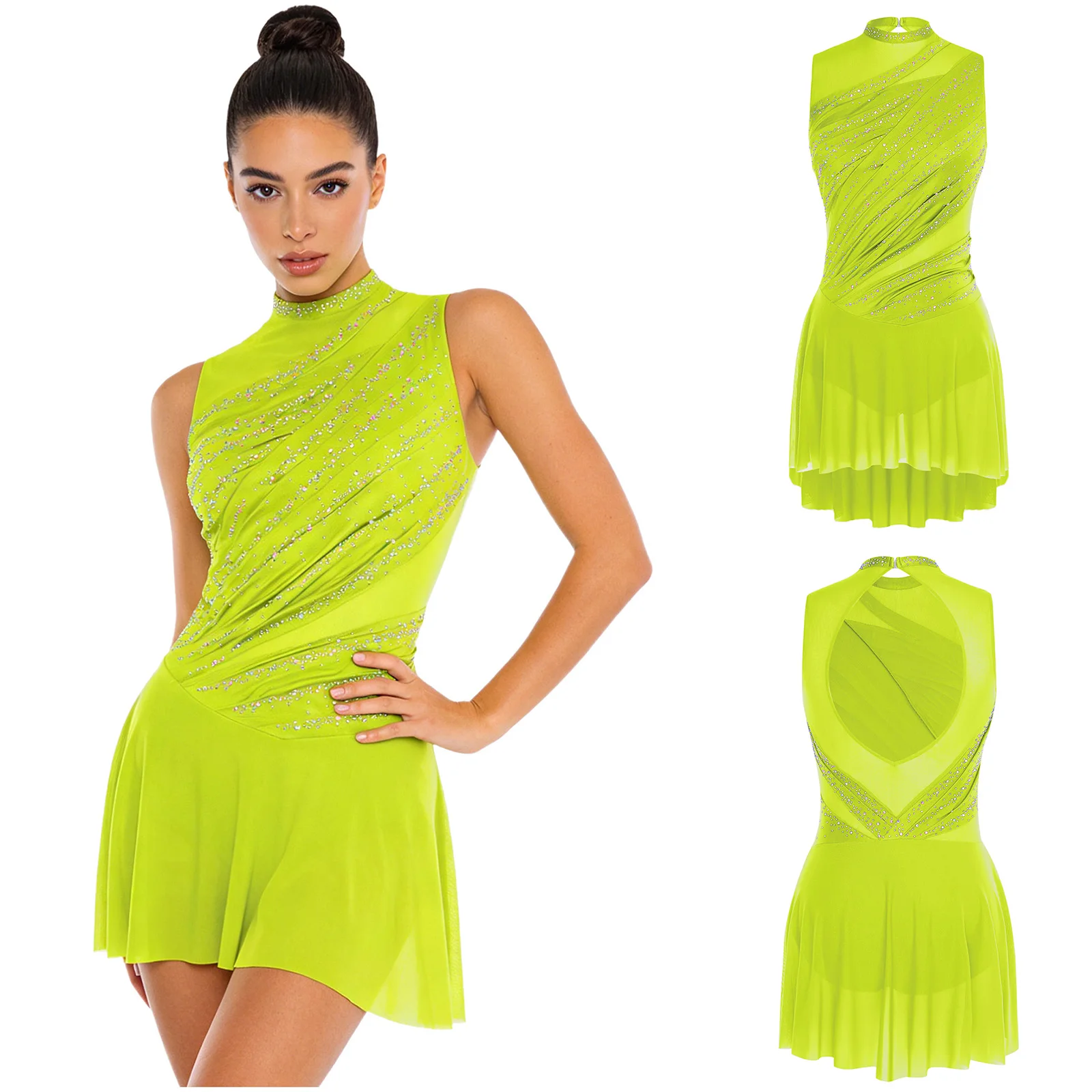 Women Figure Skating Dress Modern Lyrical Dance Gymnastics Acrobatics Clothes Sleeveless Shiny Rhinestones Mesh Leotard Tutu