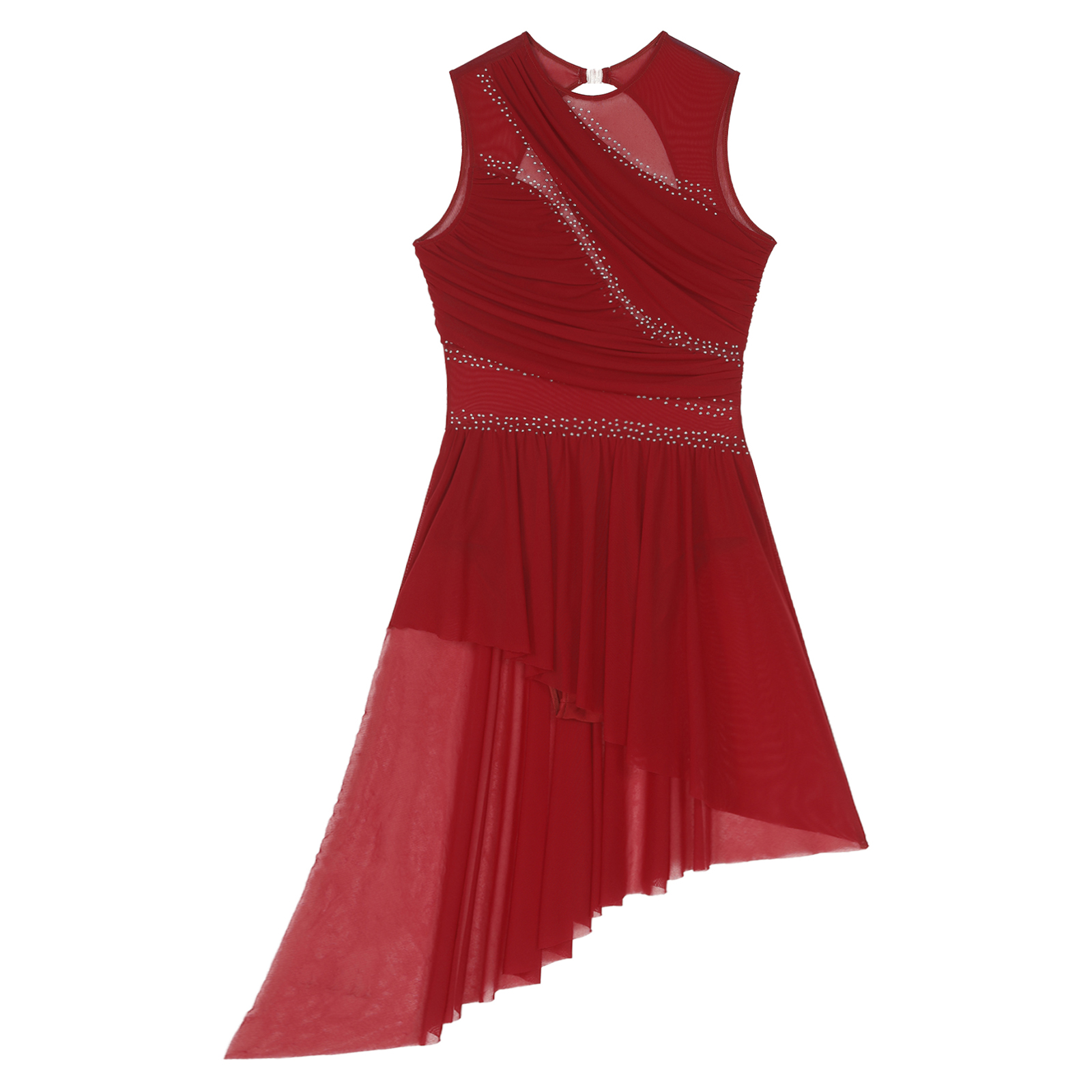 Women Figure Skating Dress Modern Lyrical Dance Gymnastics Acrobatics Clothes Sleeveless Shiny Rhinestones Mesh Leotard Tutu