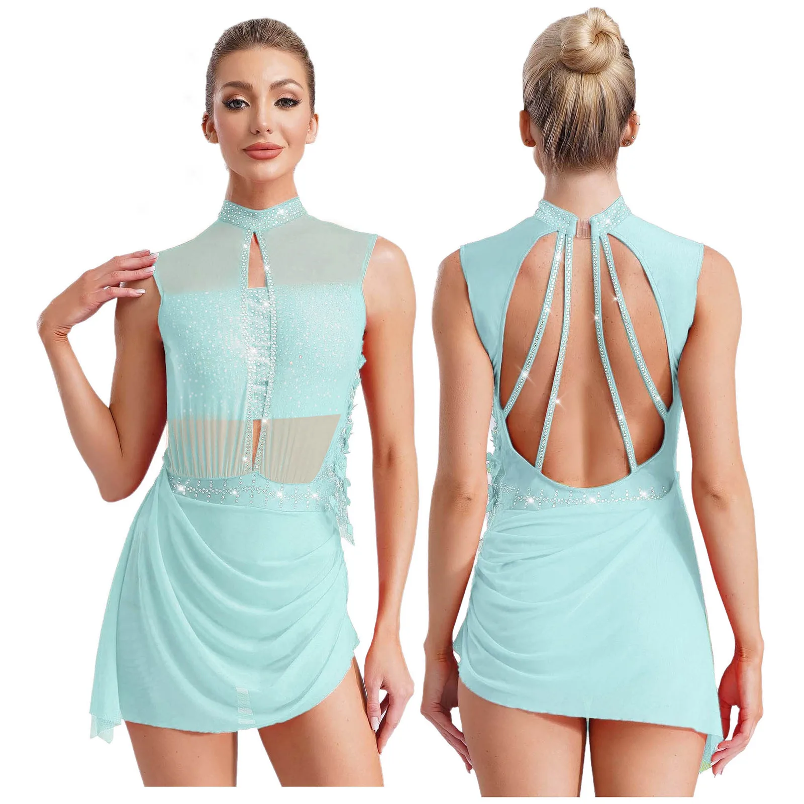 Women Figure Skating Dress Modern Lyrical Dance Gymnastics Acrobatics Clothes Sleeveless Shiny Rhinestones Mesh Leotard Tutu