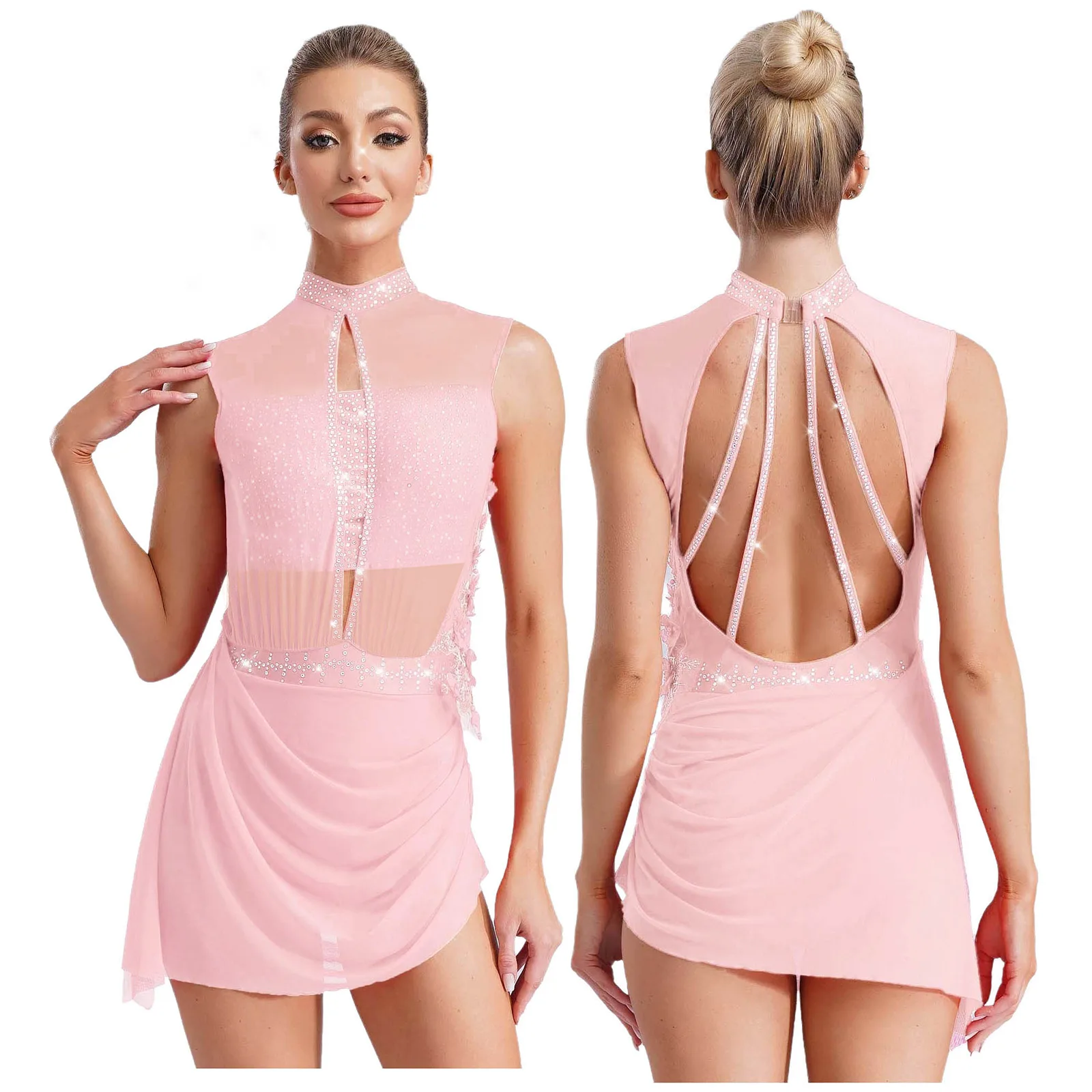 Women Figure Skating Dress Modern Lyrical Dance Gymnastics Acrobatics Clothes Sleeveless Shiny Rhinestones Mesh Leotard Tutu