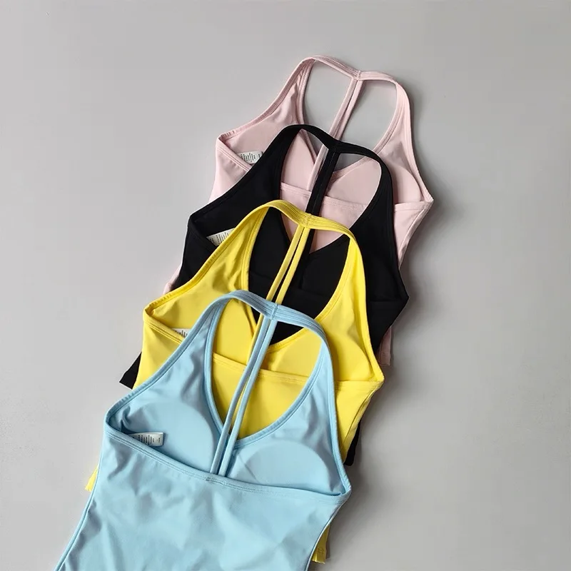Women's Sexy V-Neck Fitness Bra Nude Sports Bra Hanging Neck Yoga Suit Vest Comfortable Breathable Gym Top for Active Wear