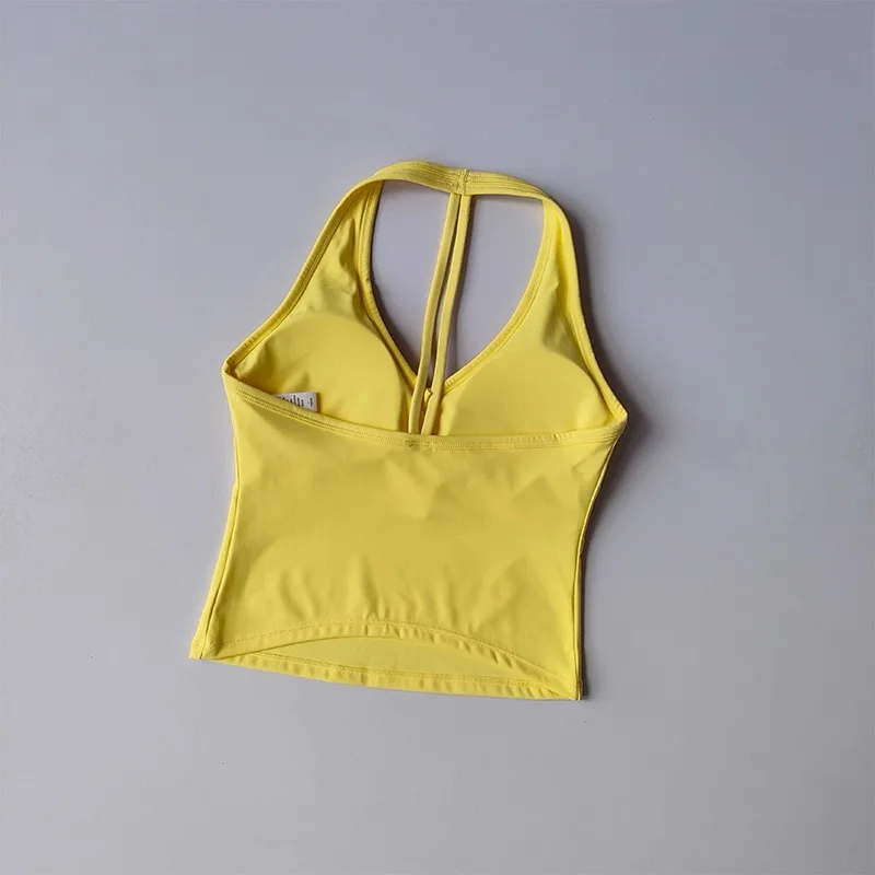 Women's Sexy V-Neck Fitness Bra Nude Sports Bra Hanging Neck Yoga Suit Vest Comfortable Breathable Gym Top for Active Wear