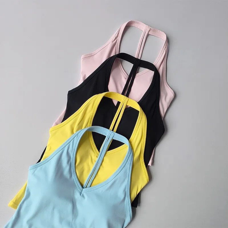Women's Sexy V-Neck Fitness Bra Nude Sports Bra Hanging Neck Yoga Suit Vest Comfortable Breathable Gym Top for Active Wear