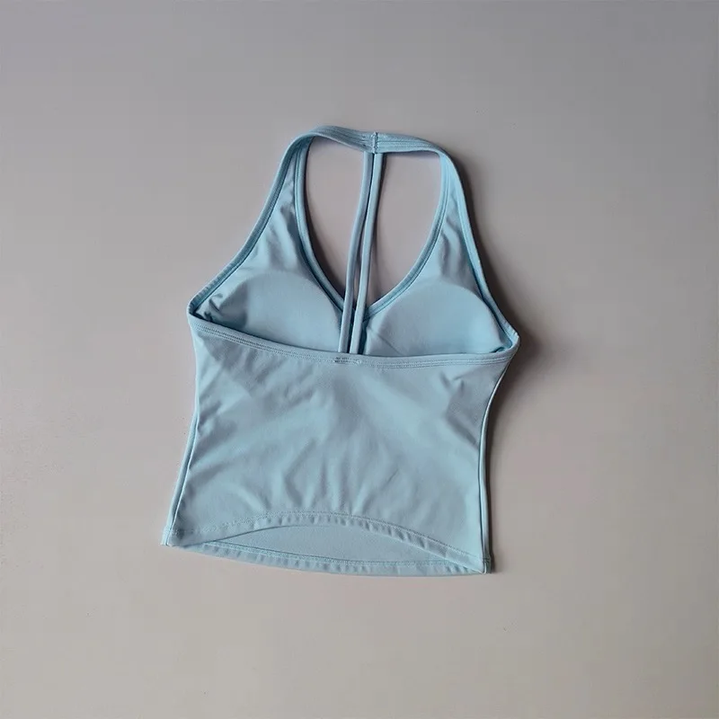 Women's Sexy V-Neck Fitness Bra Nude Sports Bra Hanging Neck Yoga Suit Vest Comfortable Breathable Gym Top for Active Wear