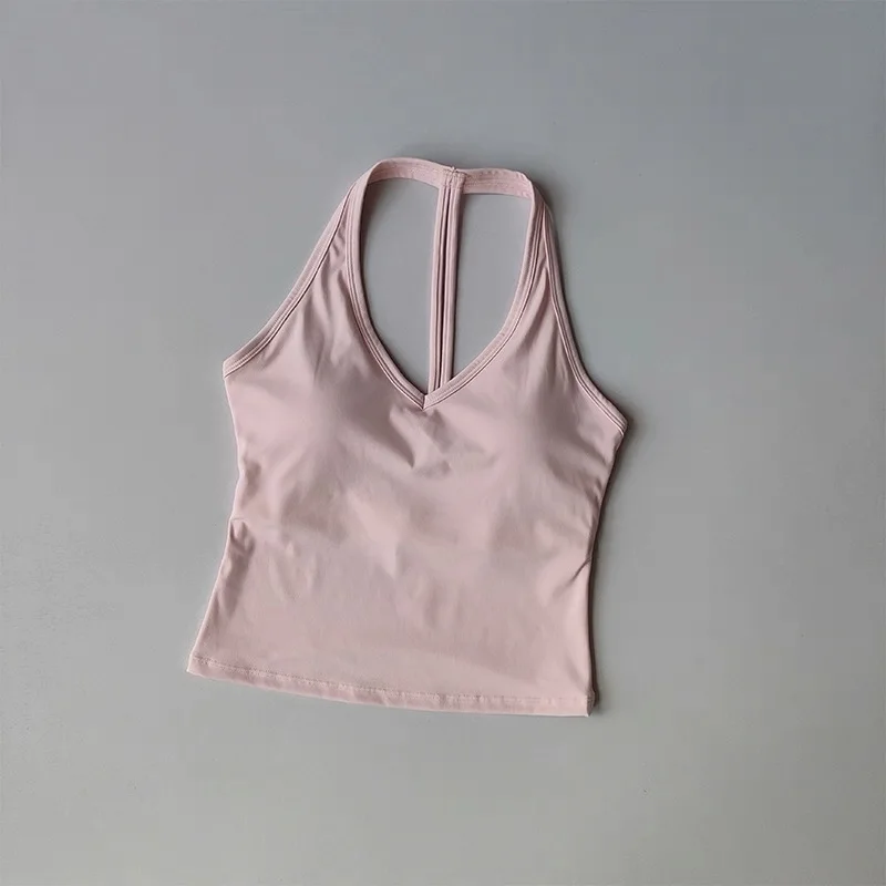 Women's Sexy V-Neck Fitness Bra Nude Sports Bra Hanging Neck Yoga Suit Vest Comfortable Breathable Gym Top for Active Wear
