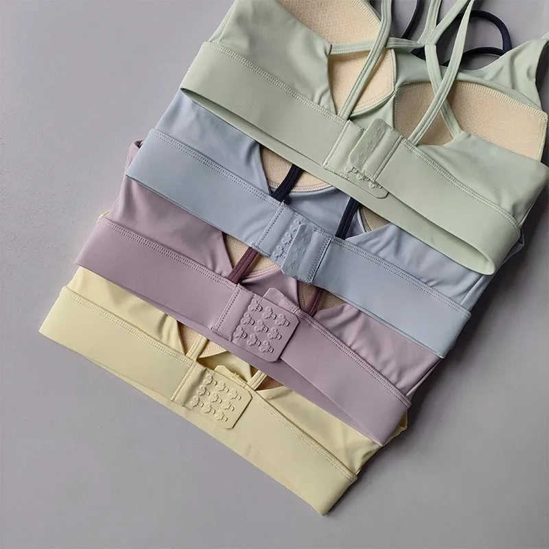 Solid Color Soft Cross Back Women Fitness Bra Tights Yoga Vest Shockproof Gym Sports Top Push Up With Pad Adjust Sports Bra