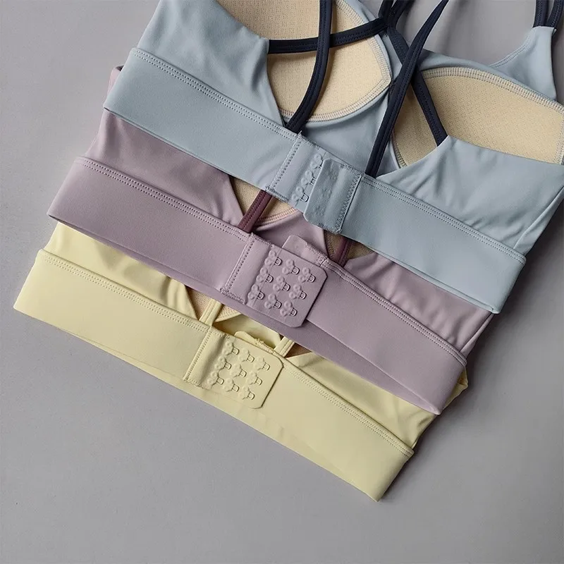 Solid Color Soft Cross Back Women Fitness Bra Tights Yoga Vest Shockproof Gym Sports Top Push Up With Pad Adjust Sports Bra