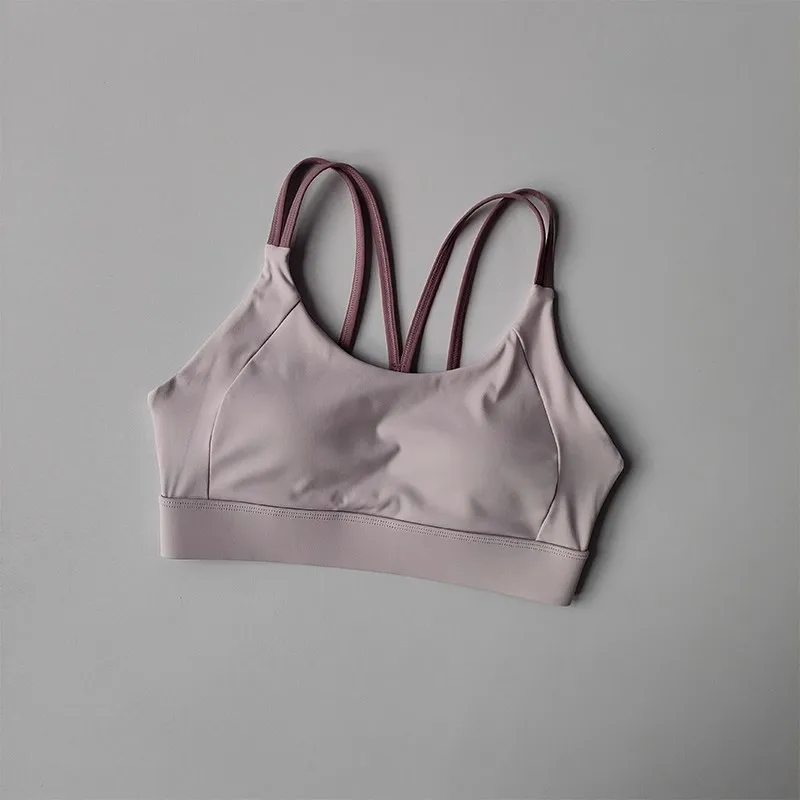 Solid Color Soft Cross Back Women Fitness Bra Tights Yoga Vest Shockproof Gym Sports Top Push Up With Pad Adjust Sports Bra