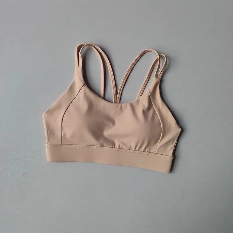 Solid Color Soft Cross Back Women Fitness Bra Tights Yoga Vest Shockproof Gym Sports Top Push Up With Pad Adjust Sports Bra