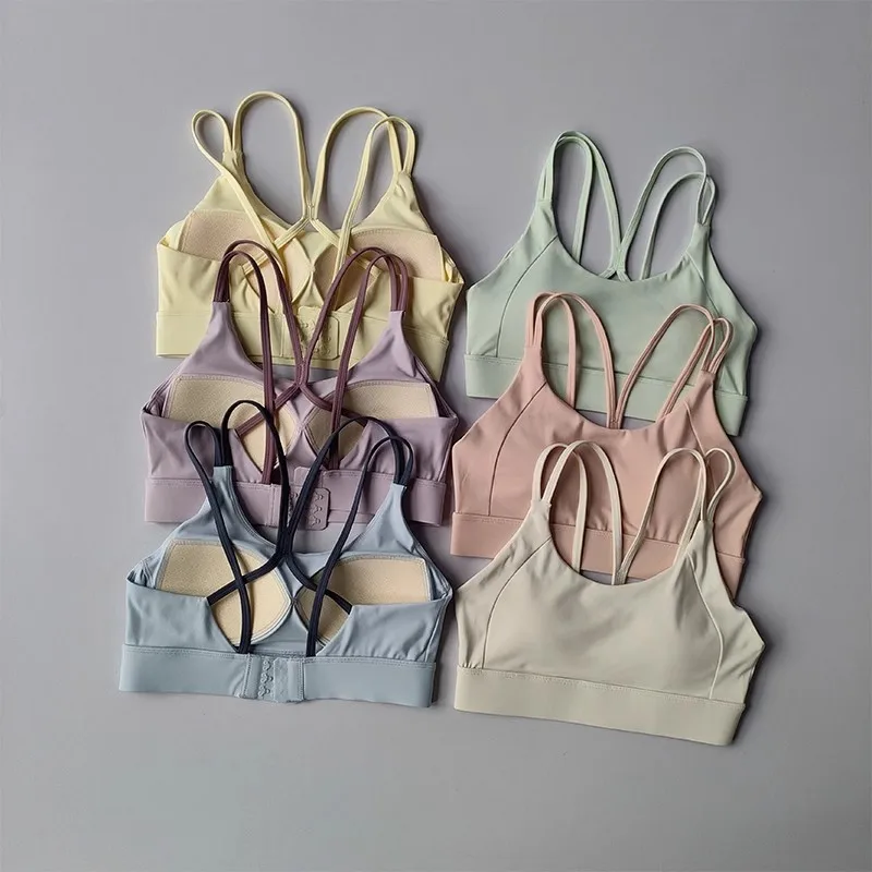 Solid Color Soft Cross Back Women Fitness Bra Tights Yoga Vest Shockproof Gym Sports Top Push Up With Pad Adjust Sports Bra