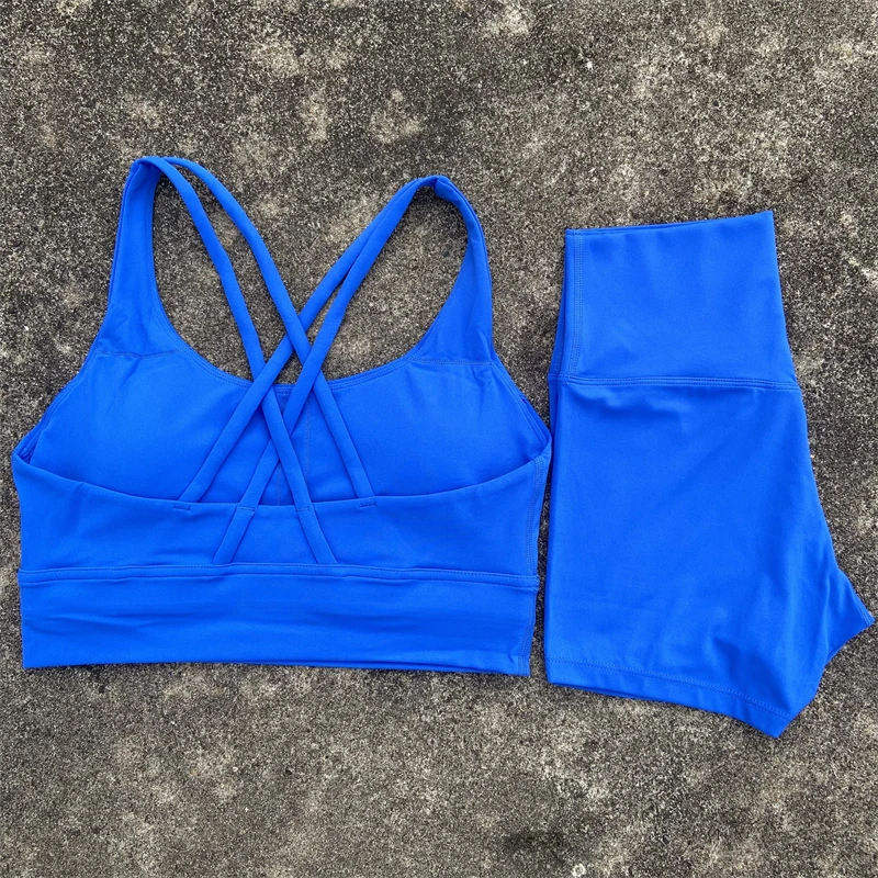 Solid Color Soft Women Gym Yoga Short Set Cross Back Shoulder Strap Gym Bra+High Waist Sport Short Leggings 2pc Tight Sportwear