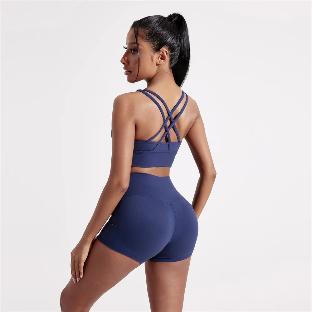 Solid Color Soft Women Gym Yoga Short Set Cross Back Shoulder Strap Gym Bra+High Waist Sport Short Leggings 2pc Tight Sportwear