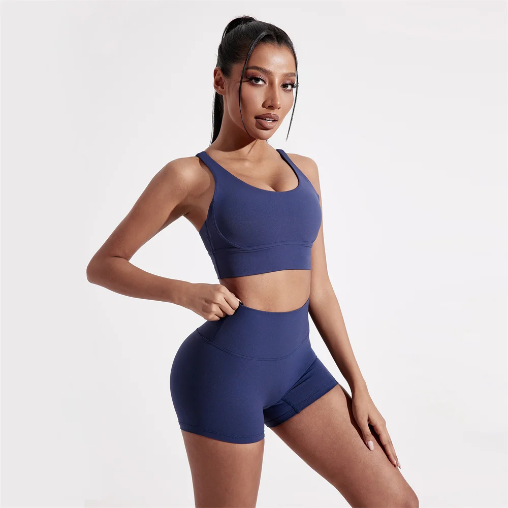 Solid Color Soft Women Gym Yoga Short Set Cross Back Shoulder Strap Gym Bra+High Waist Sport Short Leggings 2pc Tight Sportwear