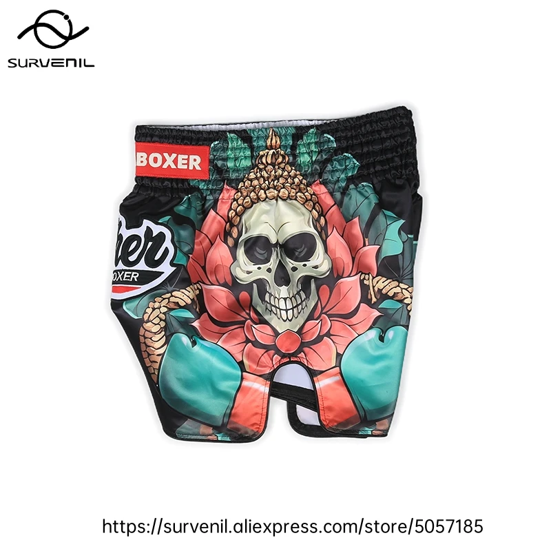 Muay Thai Shorts for Men Women Breathable MMA Fight Training Shorts Quick-Dry Combat Sports Gear Skull Sublimated Boxing Shorts