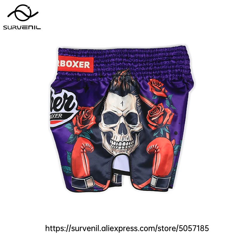 Muay Thai Shorts for Men Women Breathable MMA Fight Training Shorts Quick-Dry Combat Sports Gear Skull Sublimated Boxing Shorts