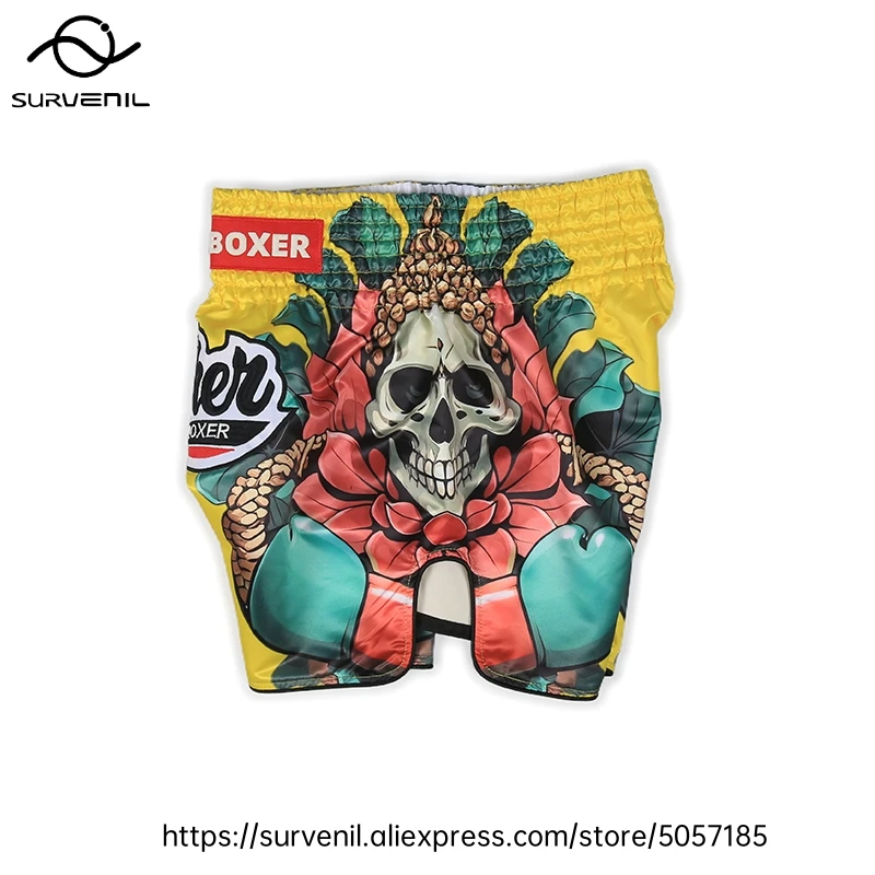 Muay Thai Shorts for Men Women Breathable MMA Fight Training Shorts Quick-Dry Combat Sports Gear Skull Sublimated Boxing Shorts