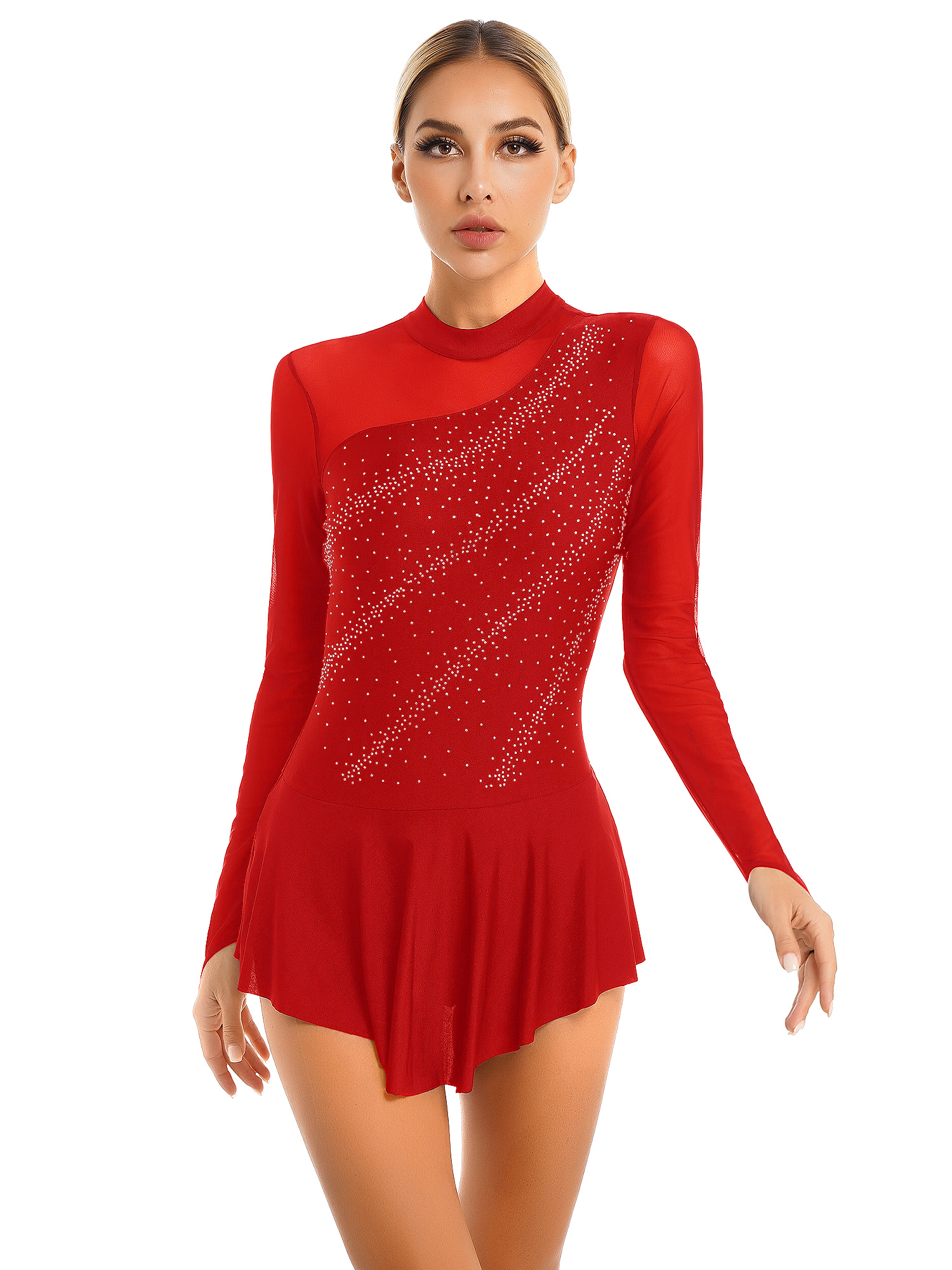 Women Figure Ice Skating Dance Dress Lyrical Dance Ballet Gymnastics Leotard Tutu Long Sleeve Mesh Shiny Rhinestone Dancewear