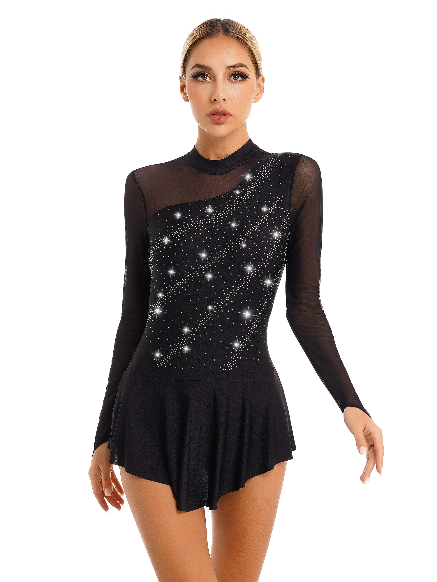 Women Figure Ice Skating Dance Dress Lyrical Dance Ballet Gymnastics Leotard Tutu Long Sleeve Mesh Shiny Rhinestone Dancewear
