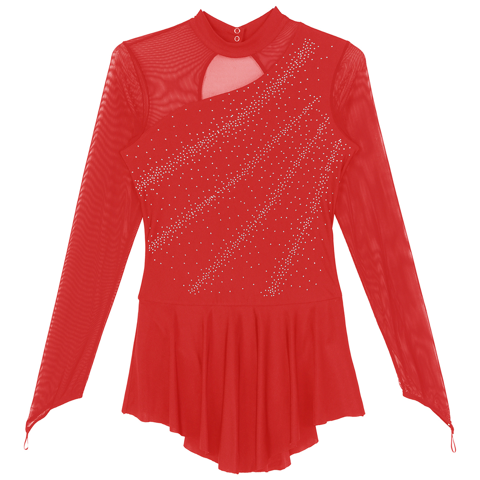 Women Figure Ice Skating Dance Dress Lyrical Dance Ballet Gymnastics Leotard Tutu Long Sleeve Mesh Shiny Rhinestone Dancewear