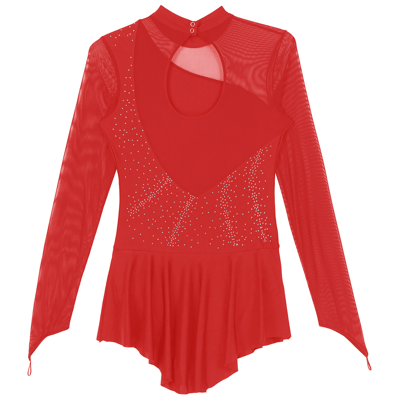 Women Figure Ice Skating Dance Dress Lyrical Dance Ballet Gymnastics Leotard Tutu Long Sleeve Mesh Shiny Rhinestone Dancewear