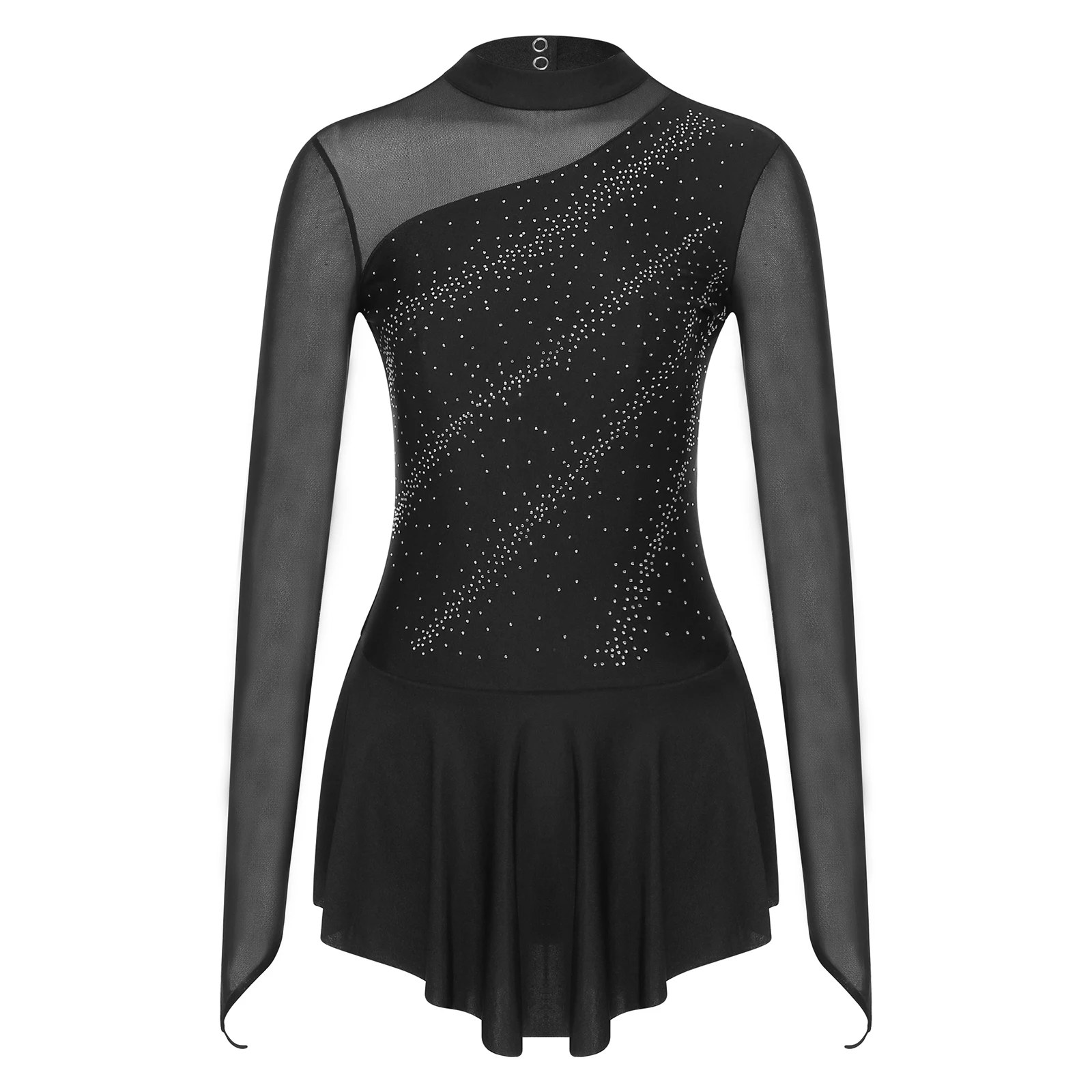 Women Figure Ice Skating Dance Dress Lyrical Dance Ballet Gymnastics Leotard Tutu Long Sleeve Mesh Shiny Rhinestone Dancewear