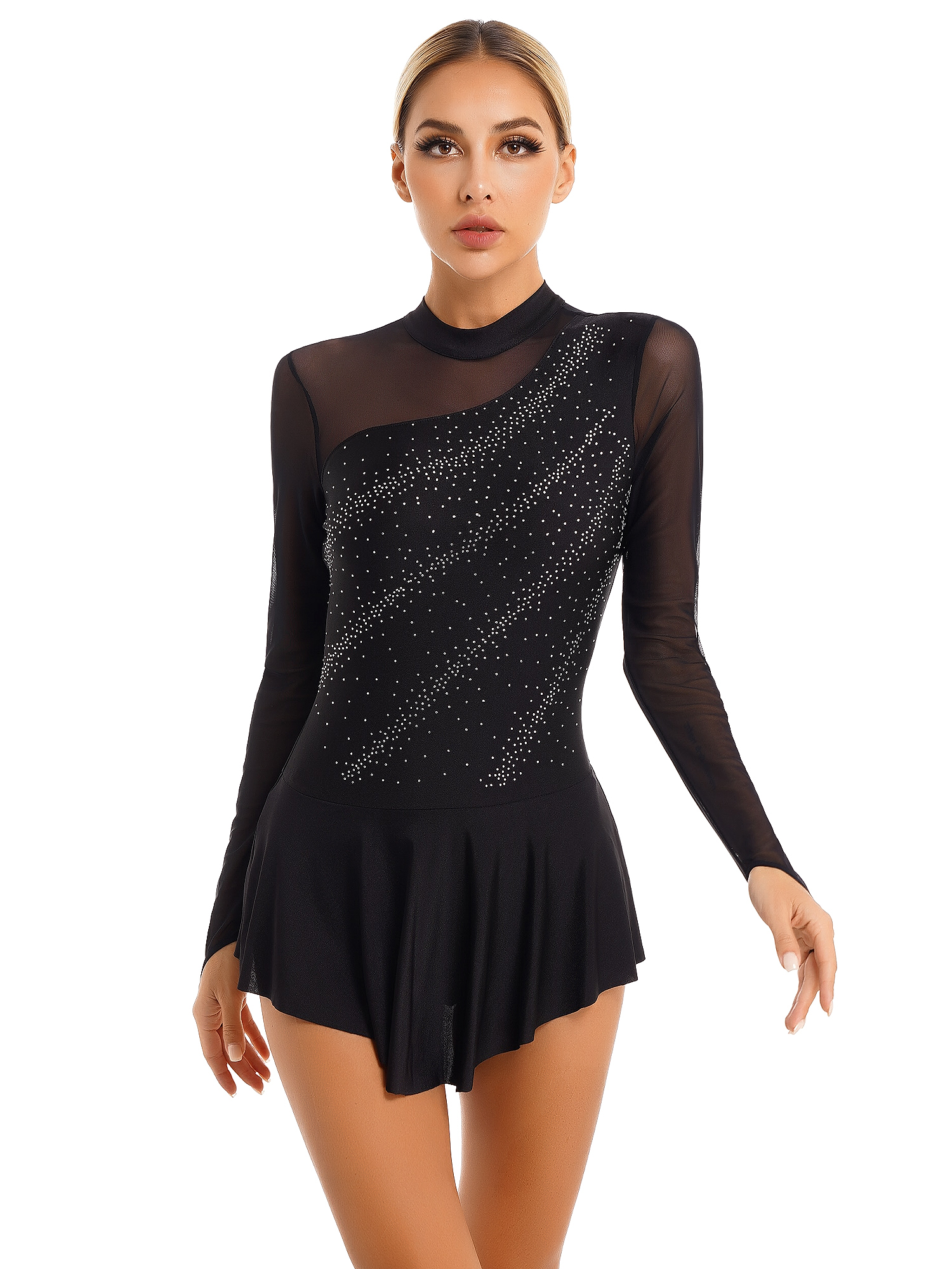 Women Figure Ice Skating Dance Dress Lyrical Dance Ballet Gymnastics Leotard Tutu Long Sleeve Mesh Shiny Rhinestone Dancewear