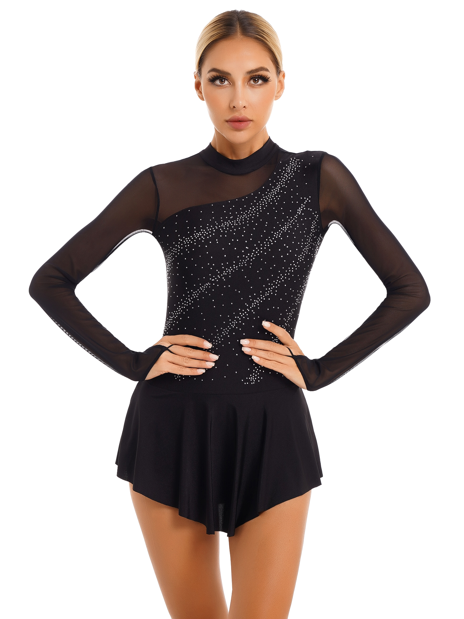 Women Figure Ice Skating Dance Dress Lyrical Dance Ballet Gymnastics Leotard Tutu Long Sleeve Mesh Shiny Rhinestone Dancewear