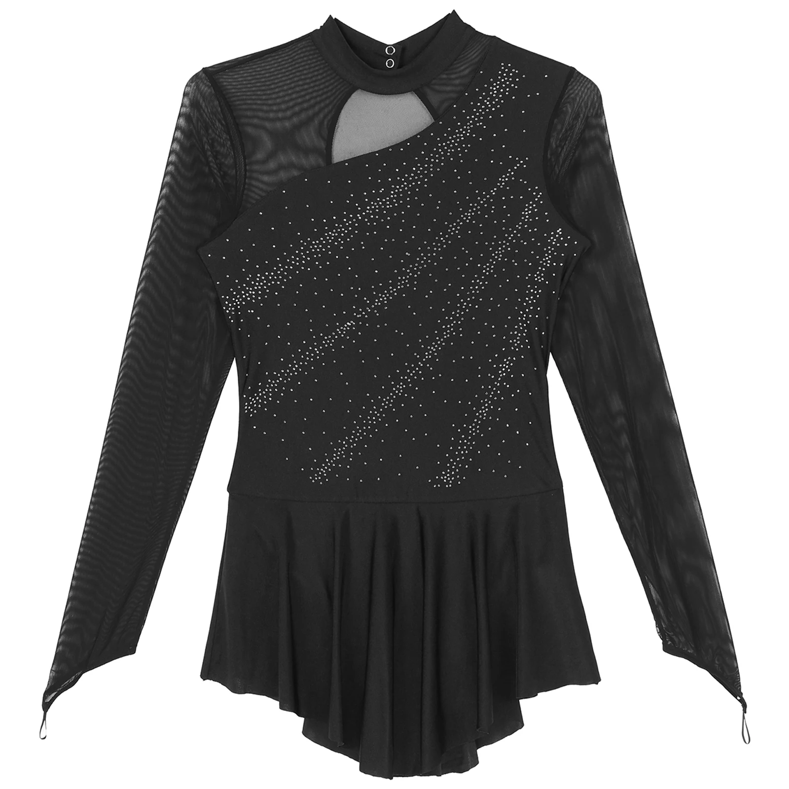 Women Figure Ice Skating Dance Dress Lyrical Dance Ballet Gymnastics Leotard Tutu Long Sleeve Mesh Shiny Rhinestone Dancewear
