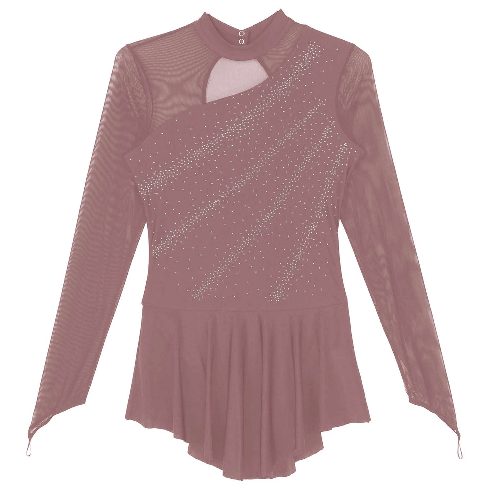 Women Figure Ice Skating Dance Dress Lyrical Dance Ballet Gymnastics Leotard Tutu Long Sleeve Mesh Shiny Rhinestone Dancewear