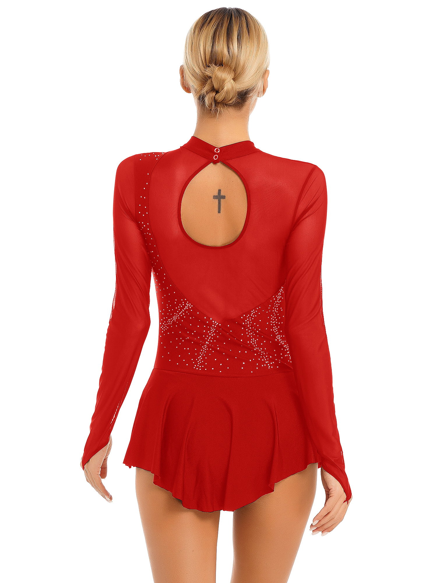 Women Figure Ice Skating Dance Dress Lyrical Dance Ballet Gymnastics Leotard Tutu Long Sleeve Mesh Shiny Rhinestone Dancewear
